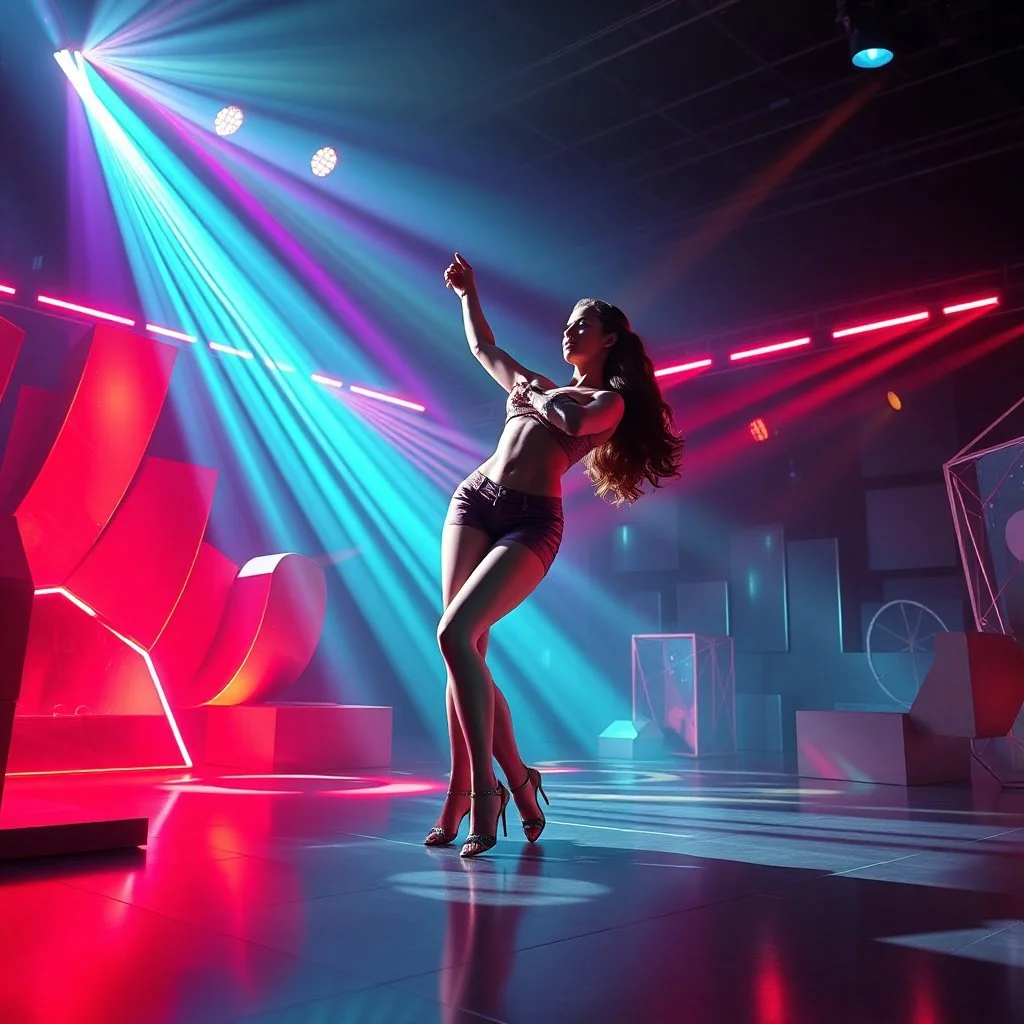 A breathtaking 3D animation of a passionate woman dancing a hot, energetic salsa. Her movements are fluid, expressive, and perfectly synchronized. Surrounding her is a futuristic, evolving stage filled with animating abstract 3D geometric structures that constantly morph, shift, and pulse to the rhythm. Dynamic, vibrant neon lights, colorful volumetric laser beams, and dramatic strobes sweep across the dark environment, casting beautiful shadows. Cinematic camera movement with smooth tracking sh