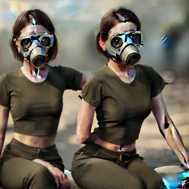 cute girls sitting at the computer in military gas masks. the masks are checkered.