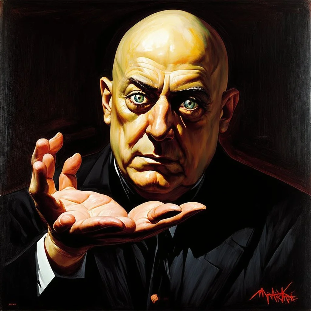 Bald Aleister Crowley holding one hand revealing an eye in his palm, psychedelic, surreal, by Dave McKean