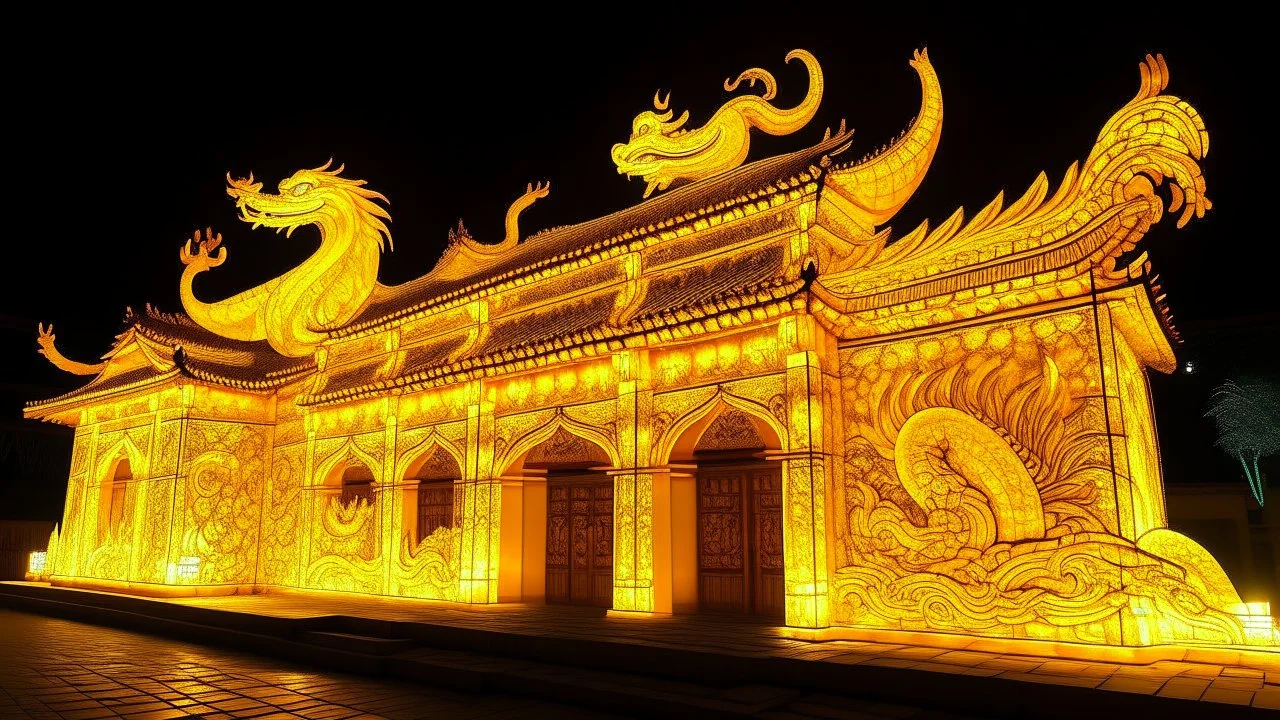 A yellow palace with glowing light dragons designed in ancient Egyptian hieroglyphics painted by Qiu Ying