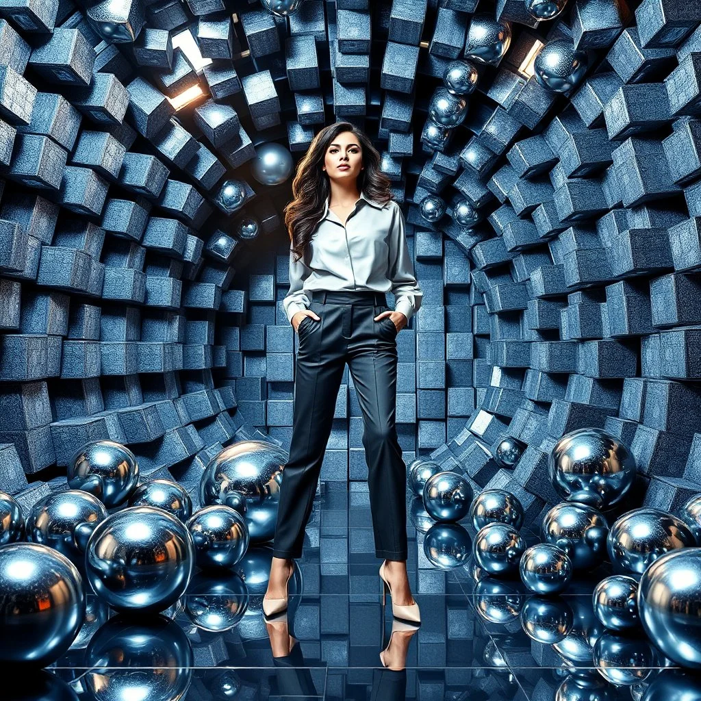 make a picture pretty stage made of metallic blue-gray teme 3d fractal recursive cubic and sphere base structures and a beautiful fashion model lady posing with cute,with chic look pairing well-fitted trousers with a sleek blouse,siver high heels ,makeup curvy long hair,dynamic camera zoom to full body and pan, dynamic lights.
