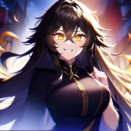 Clear focus, 8k, high quality, detailed, beautiful lighting, girl, vibrant colors, black long hair, vibrant golden eyes, messy hair, laughing, angry, glowing eyes,