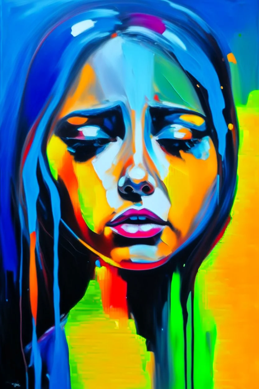 Woman crying sad in abstract expressionist painting in vivid colors, thick impasto brushstrokes, spontaneous drips and splatters, texture and movement, explore emotions and ideas through non-representational forms --v 5.2