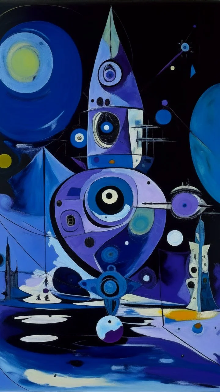 A violet space station surrounded by planets painted by Pablo Picasso