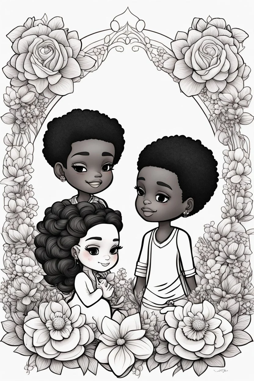 create a outlined coloring page of a chibi black characters of a couple surrounded by flowers. Pay attention to the details of the faces and flowers and the emotions conveyed by the couple. White background, sketch style, half of body, use outline, Mandala style, clean line art, no shadows, no coloring, no shading, no grey.