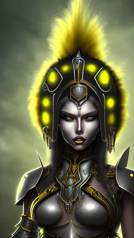 A woman has tanned skin, yellow eyes and black dreads. Her face show her superiority in the eyes of others. She is dressed in a steel armor with a few pieces of yellow and green fabric sticking out.