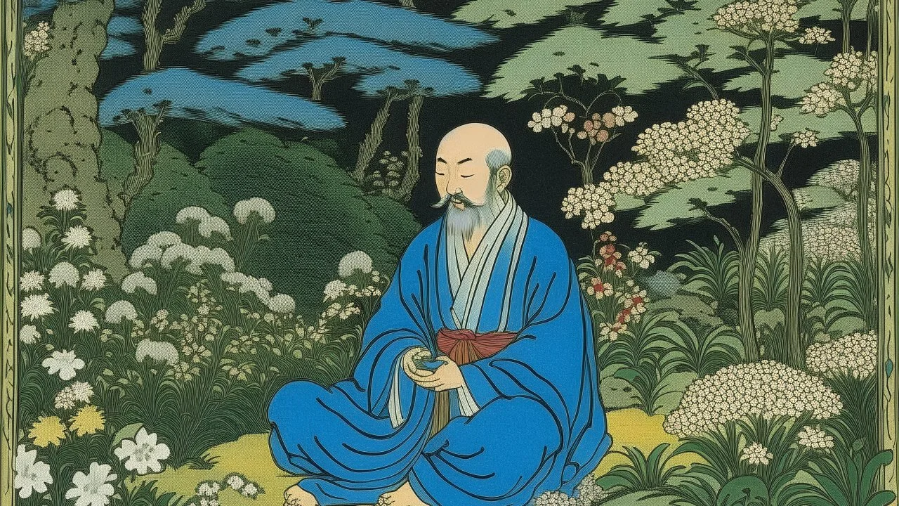 An illustration by Kuniyoshi of a yoga teacher surrounded by blooming flowers and lush vegetation.