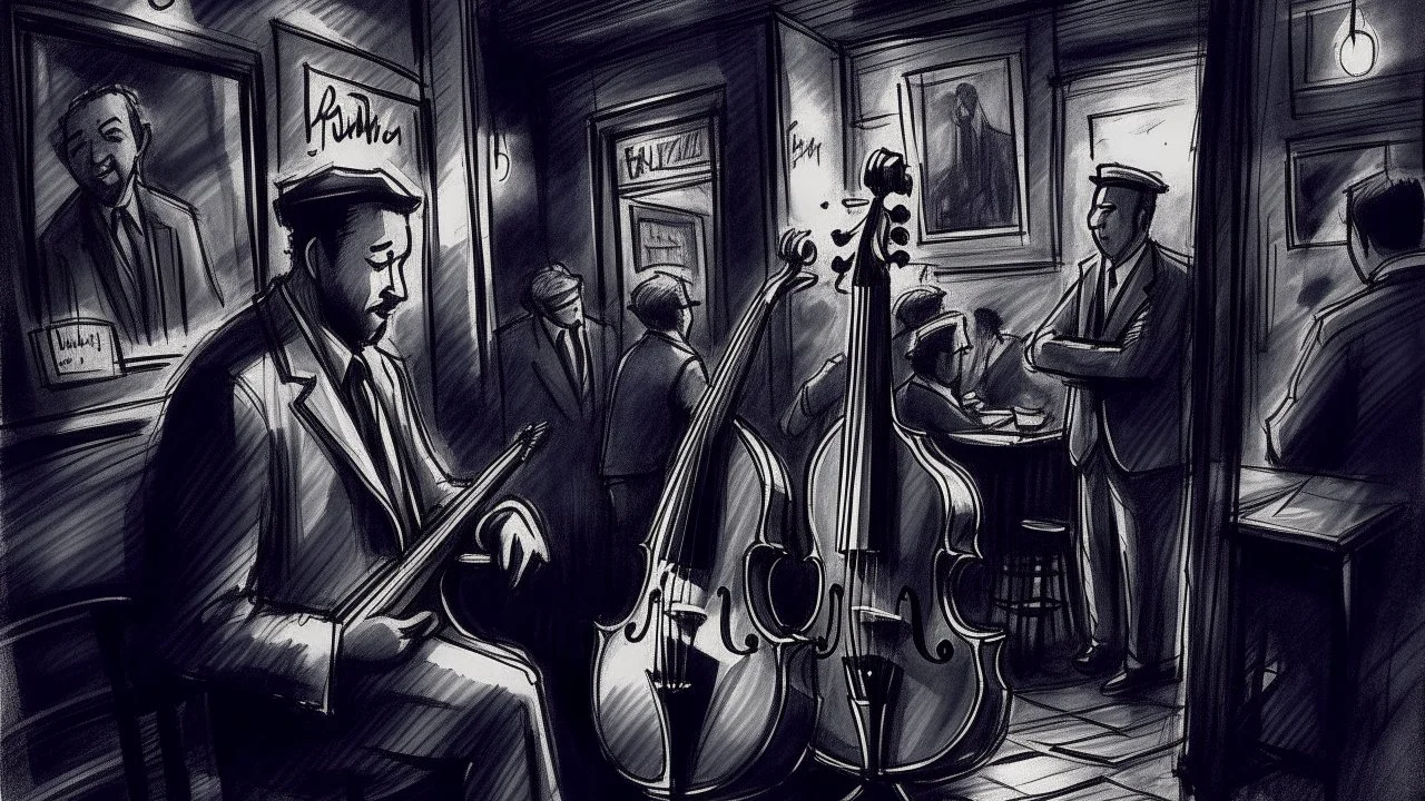 A charcoal sketch with soft shading Down the ramp in the tunnel round and about above the bass of timeless tunes crackles the warmth of blues, depicting a nostalgic jazz bar hidden beneath the bustling city streets, where musicians play soulful melodies to a captivated audience