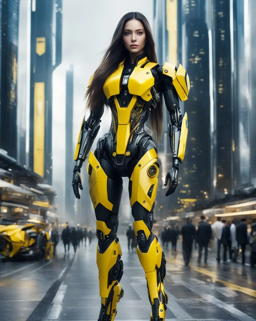 length image full body photo realistic high details beautiful woman long hair with body mechanical bLack and yellow inspired design by bumble bee transformer robot sense of luxury technology future, on walk in futuristic city background