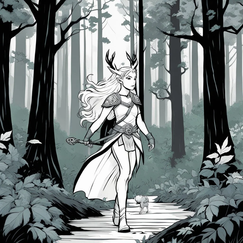 [comics Head Lopper style by Andrew MacLean] She is an Elf, her ethereal beauty matched only by her mastery of ancient magic. Like a whisper of wind through the trees, she moves through the forest with the agility of a deer, her steps leaving barely a trace on the forest floor. The shimmering leaves above seem to part in reverence as she passes. Crouching down by the riverbank, the Elf dips her slender fingers into the cool, clear water. Ripples spread outwards, reflecting the dappled sunlight