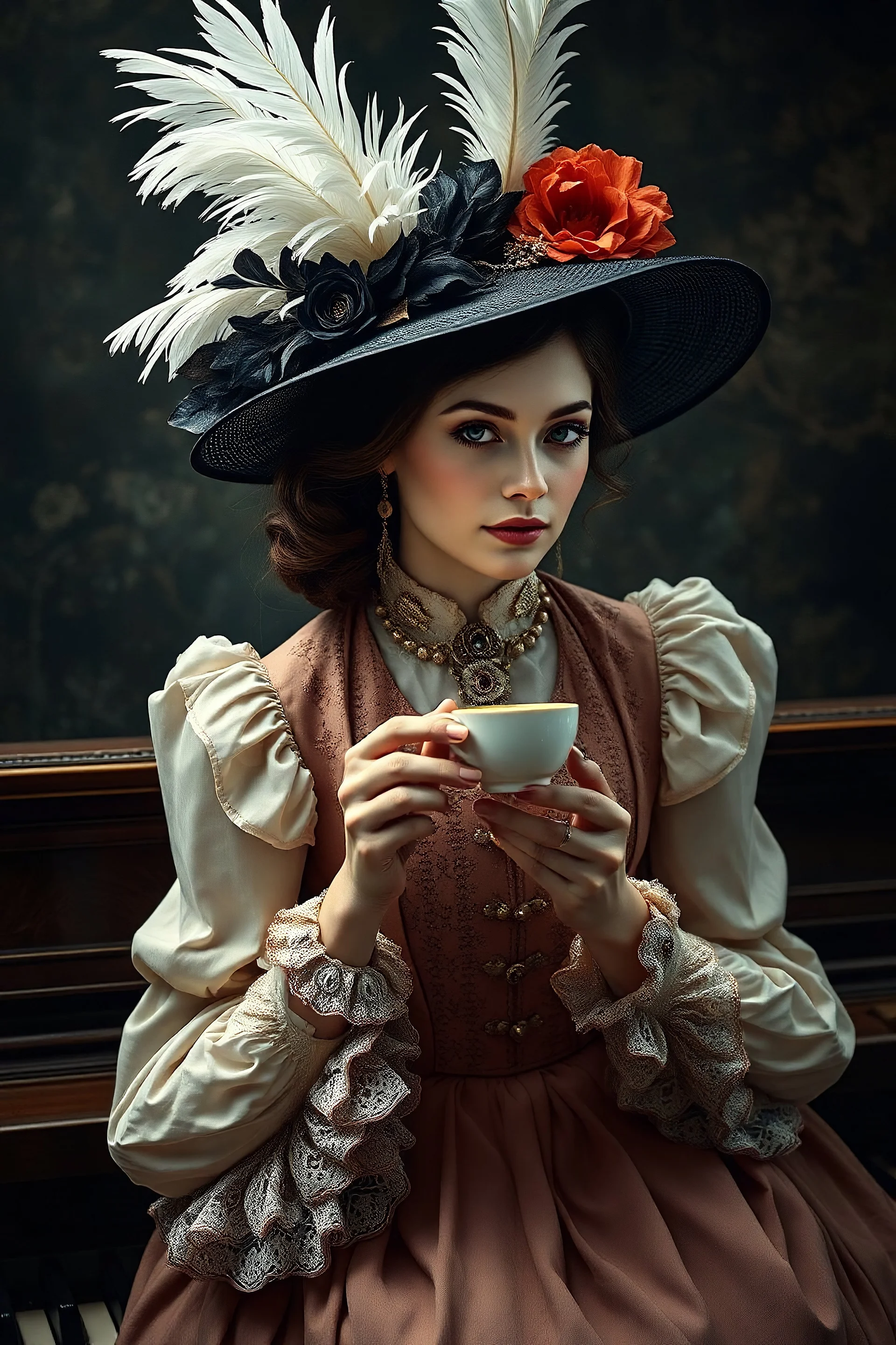 Mesmerising hyper-realistic surrealistic photographic portrait depicting Lady Perfection, Merry Poppins . Glowing with aristocratic beauty, Merry Poppins is dressed in traditional 19th century lady's attire, her hat adorned with striking white raven feathers. Her delicate face glows slightly, radiating an ethereal softness that reflects her deep connection to the mystical world. She sits on the lid of an antique piano and holds a cup of tea. The background is a complex dark canvas filled with my