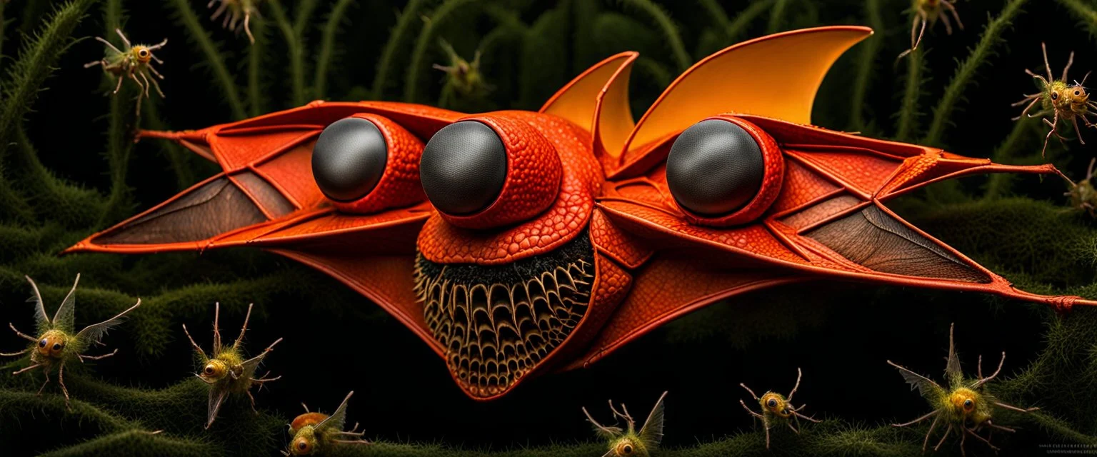 A national geographic award skin color patterned like a poisinous incect or reptile, horrorcore, science gone crazy, winning photograph of of a bat spider housefly station wagon hybrid in nature and on the hunt, 64k, reds, oranges, and yellows anatomically correct, 3d, organic surrealism, dystopian, photorealisitc, realtime, symmetrical, clean, 4 small compound eyes around two larger compound eyes, surrealism telephoto dynamic lighting 64 megapixels Unreal Engine volumetric lighting VRay