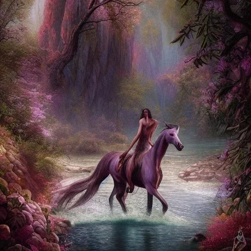 Beautiful Centaur::creature of a combination:: of a man and a horsehalf horse:: and half human::Rises from Acheron River:: insanely detailed and intricate, colourful, abstract,fantasy,hyperrealism, delicate, high definition, detailed, complex, triadic vibrant colour, by Tom Bagshaw, Asher Brown Durand, Anna Dittmann, Dan Mumford, Magali Villeneuve,Christoper Lovell,