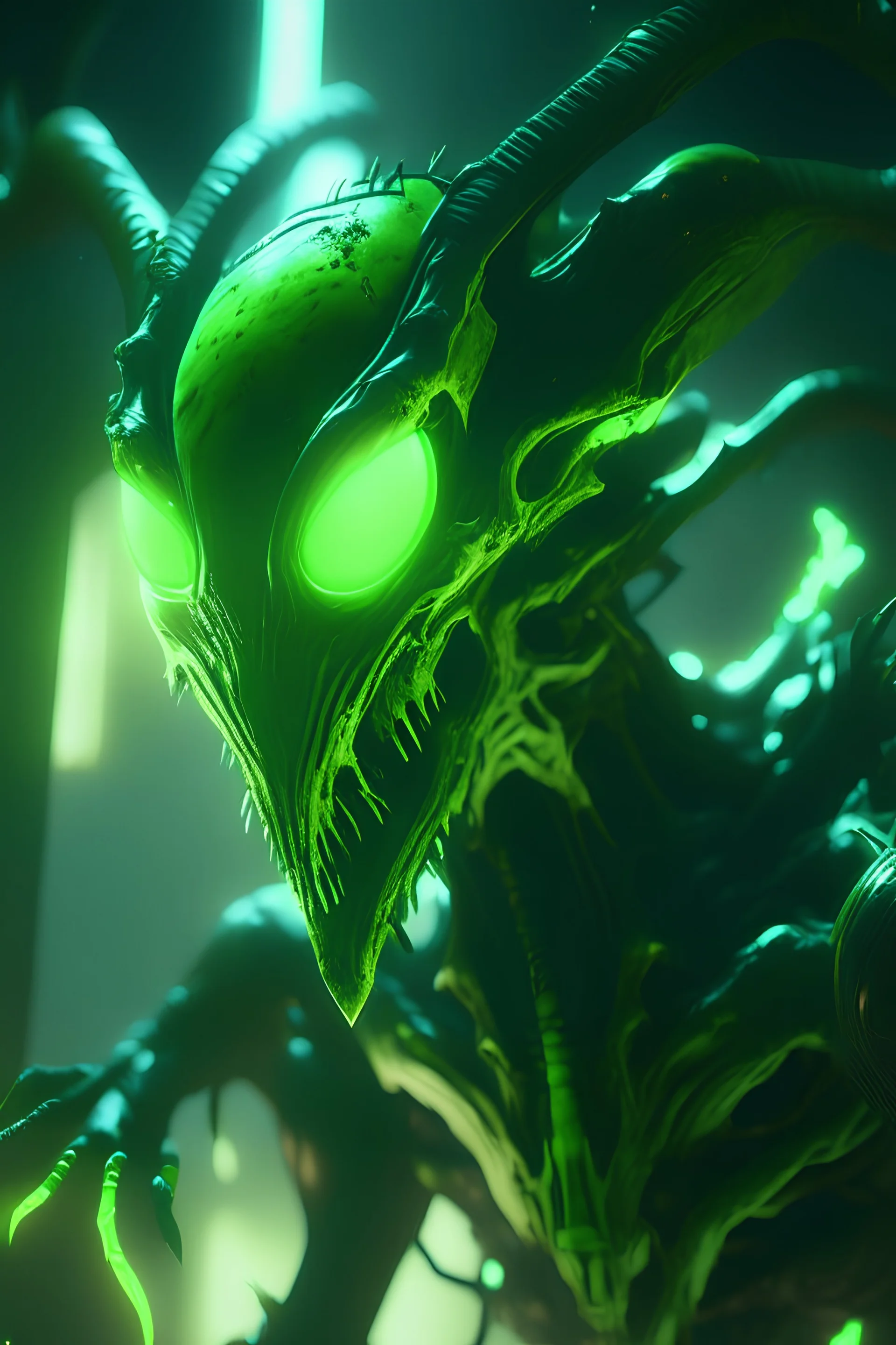 Green toxic alien , unreal engine 5, concept art, art station, god lights, ray tracing, RTX, lumen lighting, ultra detail, volumetric lighting, 3d