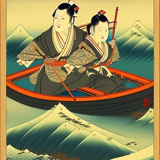 Ukiyo-e styled art, stream, mountain, sun, family on a boat