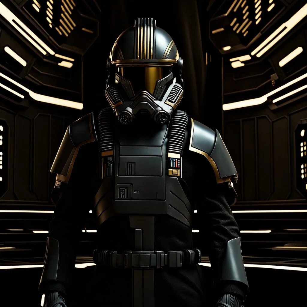 star wars bald male corellian pilot wearing gunmetal grey and black First Order armored special forces TIE pilot flightsuit and helmet with gold trim inside the jedi temple, centered head and shoulders portrait, hyperdetailed, dynamic lighting, hyperdetailed background, 8k resolution, volumetric lighting, fully symmetric details