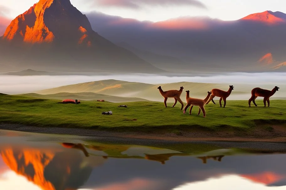 alpacas, peru, mountains, reflection, mist, sunrise