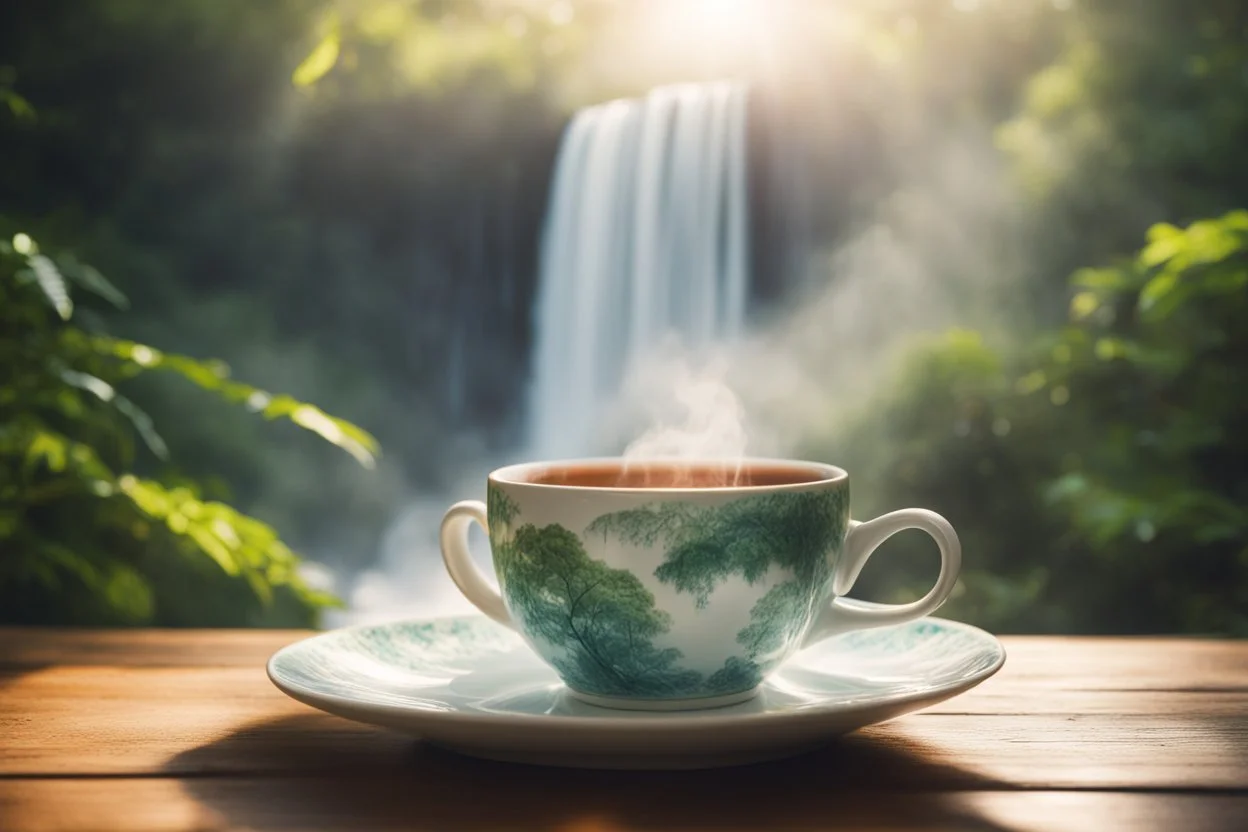 steaming tea in a beautiful china cup on a wooden table, rainforest and a waterfall in the distance in sunshine, ethereal, cinematic postprocessing, bokeh, dof