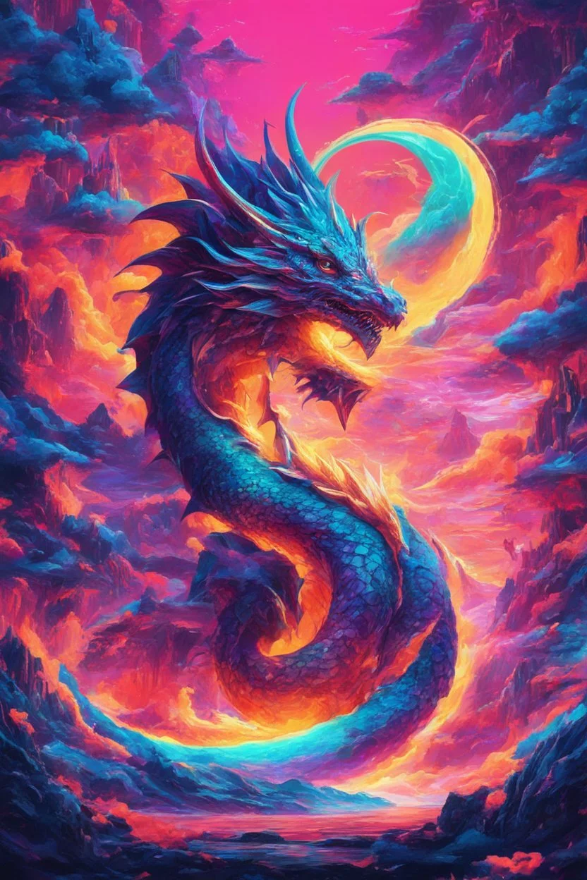 Dragon in a vibrant synthwave dreamscape, neon chaos swirling energetically around pixelated forms, a dynamic fusion of retro gaming nostalgia and futuristic abstraction