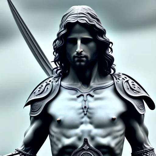 White Sculpture aragorn, full body, greek sculpture style, full body, fresco background, hyper realistic, 8k,