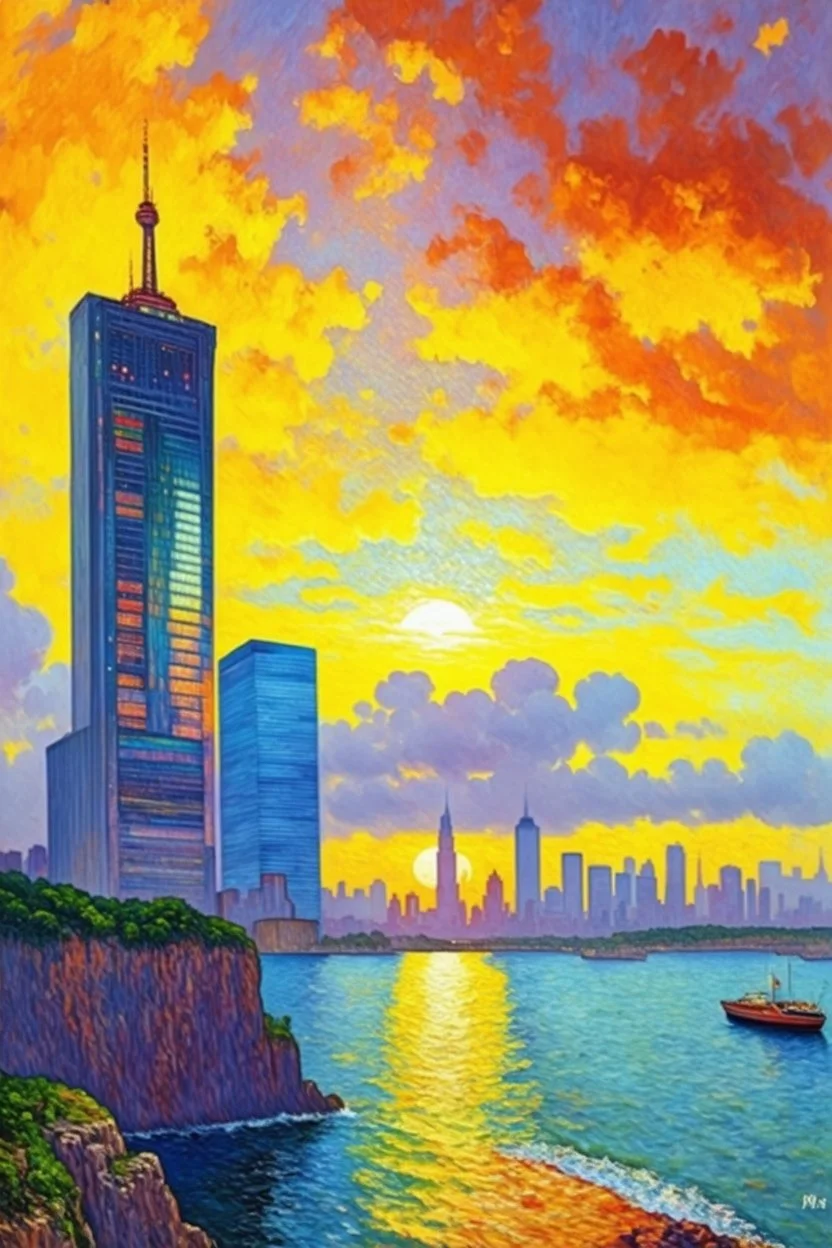 Amazing sunset, buildings, rocks, distant city, cyberpunk, sci-fi, claude monet impressionism paintings