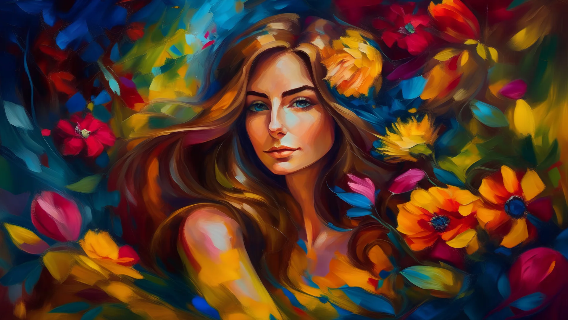 Create a captivating painting showcasing the strength and beauty of a woman surrounded by nature's elements, vibrant flowers, and a rich color palette. Shot with a Canon 5D Mark IV, 50mm lens, f/2.8 aperture, during the golden hours, inspired by abstract expressionism.