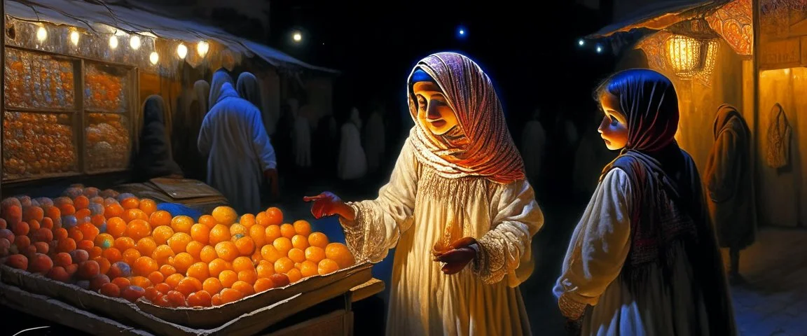 A full-length Palestinian girl wearing an embroidered dress and a white embroidered shawl buys oranges from an old seller wearing a keffiyeh in the market of Jerusalem, 100 years ago, at night with multi-colored lights reflecting on her.