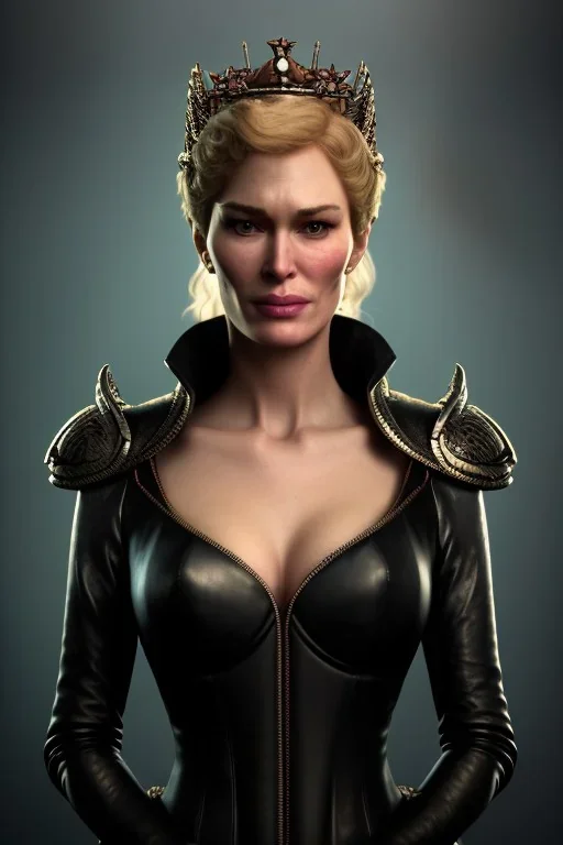 Cersei Lannister as evil queen in black leather coat, busty, cleavage, voluptuous, lena headay, angry, stern look. character design by cory loftis, fenghua zhong, ryohei hase, ismail inceoglu and ruan jia. unreal engine 5, artistic lighting, highly detailed, photorealistic, fantasy