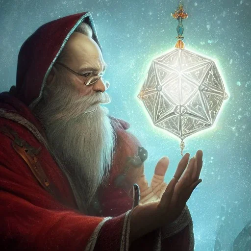 Insanely detailed photograph of an “D&D cleric santa holding glowing D20” with intricate detailed beard, intricate embroidered clothing, hyperdetailed painting by Ismail Inceoglu Huang Guangjian and Dan Witz CGSociety ZBrush Central fantasy art album cover art,8K, hdr, mysterious, ominous, snowflakes,jolly