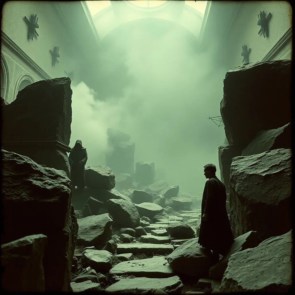 photo, 1920 horror movieshot, rocks, very odd objects in background, Ades, Charon, tenebroso, macabro, marcio, interno museo, hypermaximalist, strangeness, sundial light, odd, intricate, Lawrence Alma-Tadema style, albero, hypnotic, eerily mysterious, artistic photo, shot on Hasselblad, sadness, follia, smoke, daguerrotype