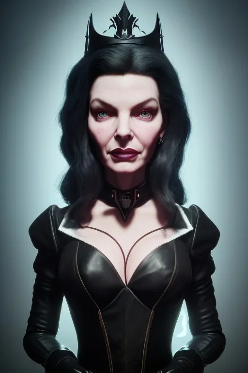 Lauren Bacall as evil queen in black leather, leather, busty, cleavage, angry, stern look. character design by cory loftis, fenghua zhong, ryohei hase, ismail inceoglu and ruan jia. unreal engine 5, artistic lighting, highly detailed, photorealistic, fantasy