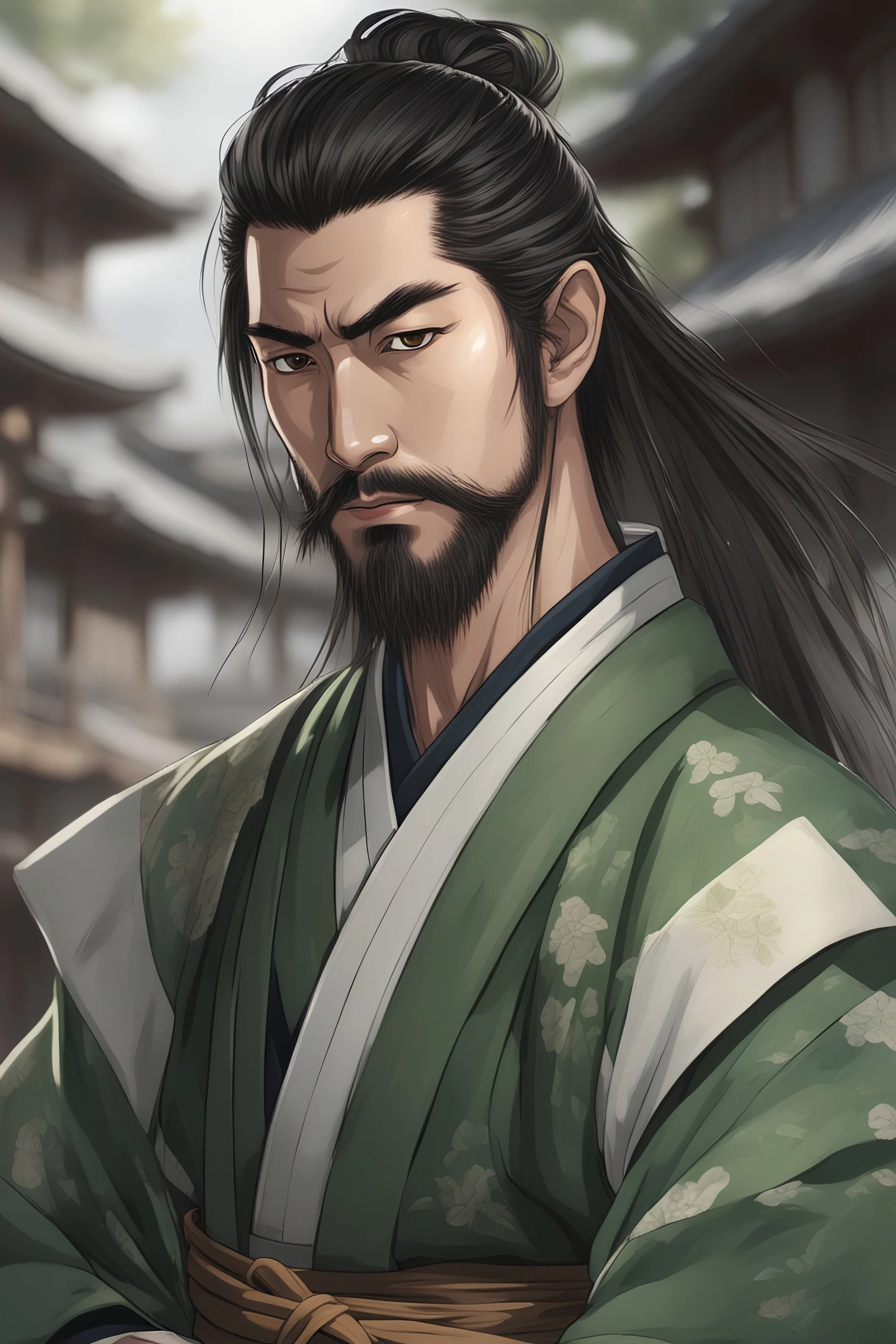 portrait of a 30 years old samurai, strong, heroic character, D&D character, bushido warrior, handsome, serious look, gentle smile, noble like, merchant, 8k resolution, long black hair, green yukata with tortoise signets, no left arm, trim beard,japanese harbor in the background