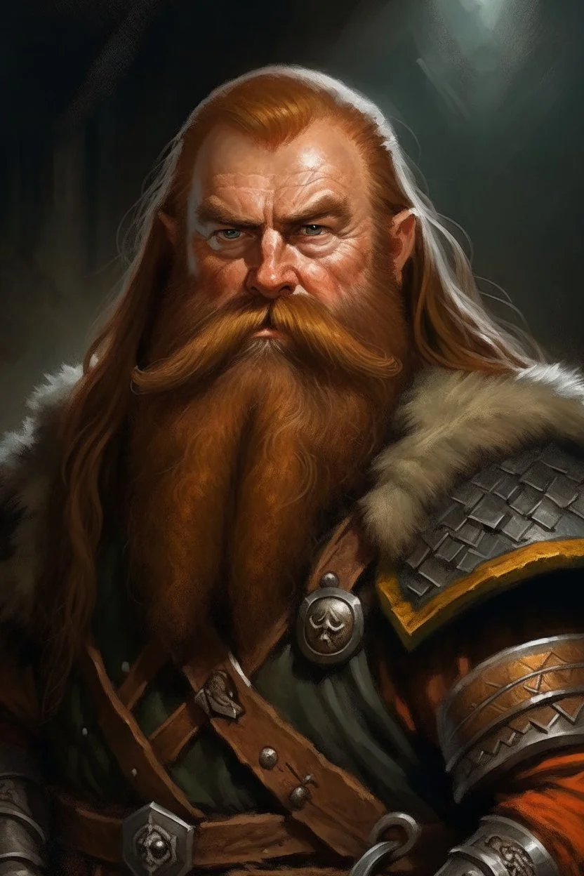 portrait of a stout and rugged dwarf with sturdy build, slightly tanned skin a thick ginger beard and long ginger hair, thick eyebrows, wearing chainmail armor and fur lined coat with a battle axe and warhammer on each shoulder. in oil painting