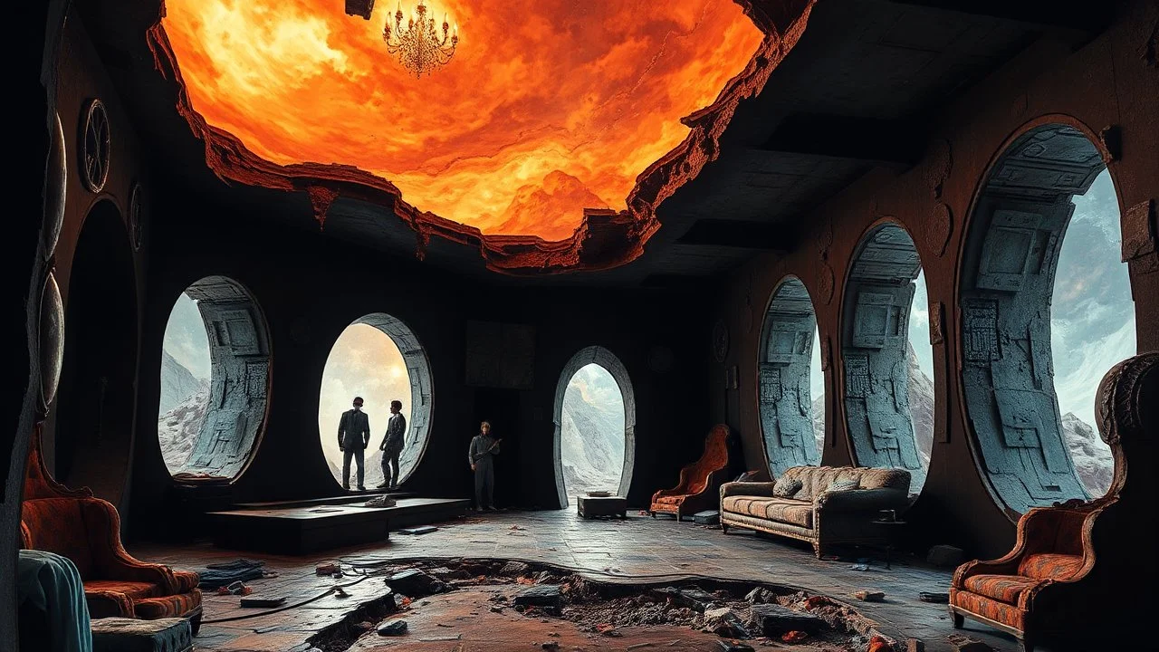 deconstructed interior with figures, (conception ), black walls, one point perspective, close up, rich colors, by HR Giger and Paul Lehr and Bruce Pennington and Stephan Martiniere and Lina Main Rubin and Pascal Blanché and Bastien Lecouffe Deharme