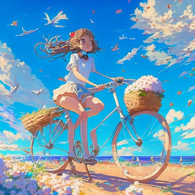 A girl is riding a bicycle on the beach. His cat is sitting in the front basket of the bicycle. Spring flowers can be seen everywhere. Beautiful blue sky with white clouds - kites in the sky. sense of peace. digital art, anime, 8k, full details, colorful, high resolution