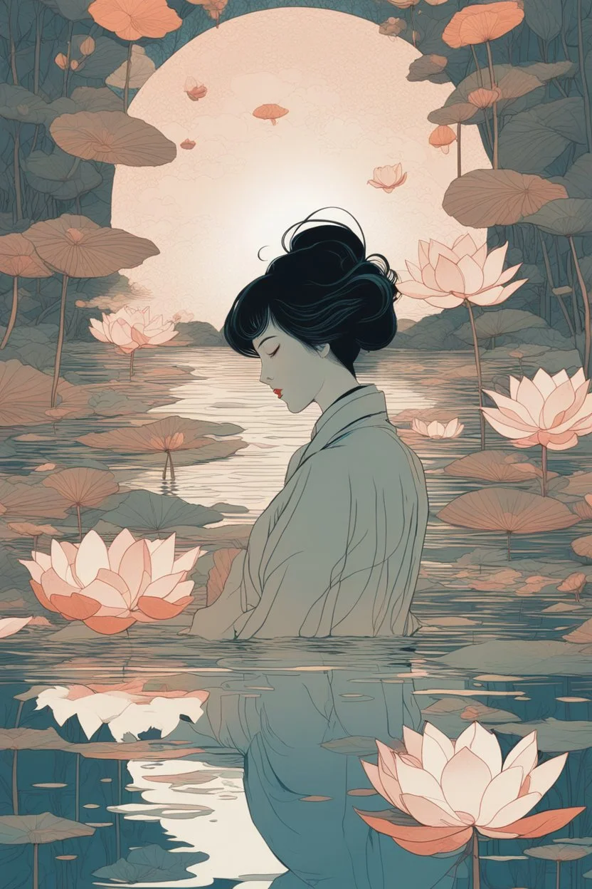 A woman lies at the bottom of a pond, with lotus flowers floating on the water by victo ngai, kilian eng, moon, night time, reflection, loose strokes, dynamic lighting, digital art, art by james jean, takato yamamoto, 4k, concept art, illustrative, high contrast