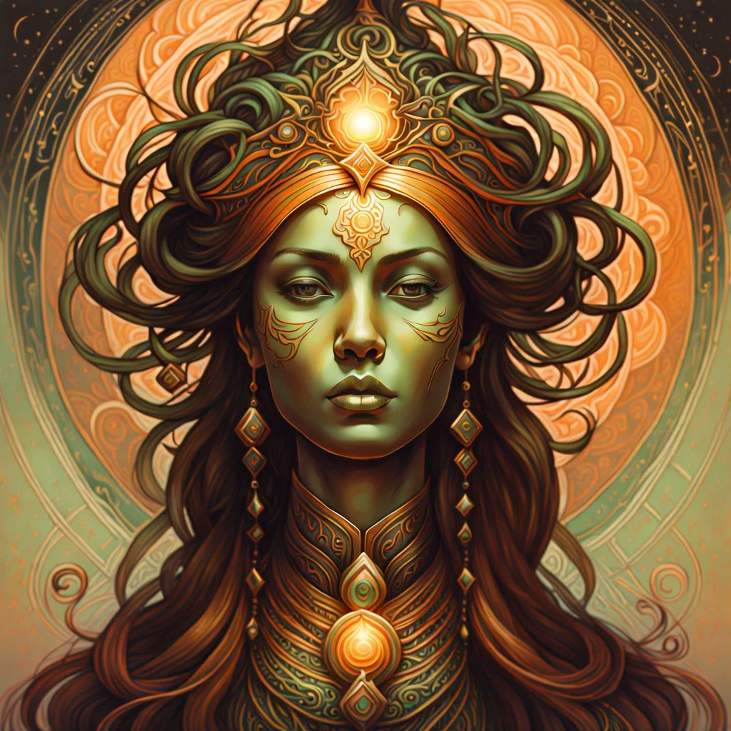 create a haunted female disembodied spirit with highly detailed, sharply lined facial features, , finely drawn, boldly inked, in soft ethereal colors, otherworldly, celestial, and beautiful in the style of Peter Mohrbacher