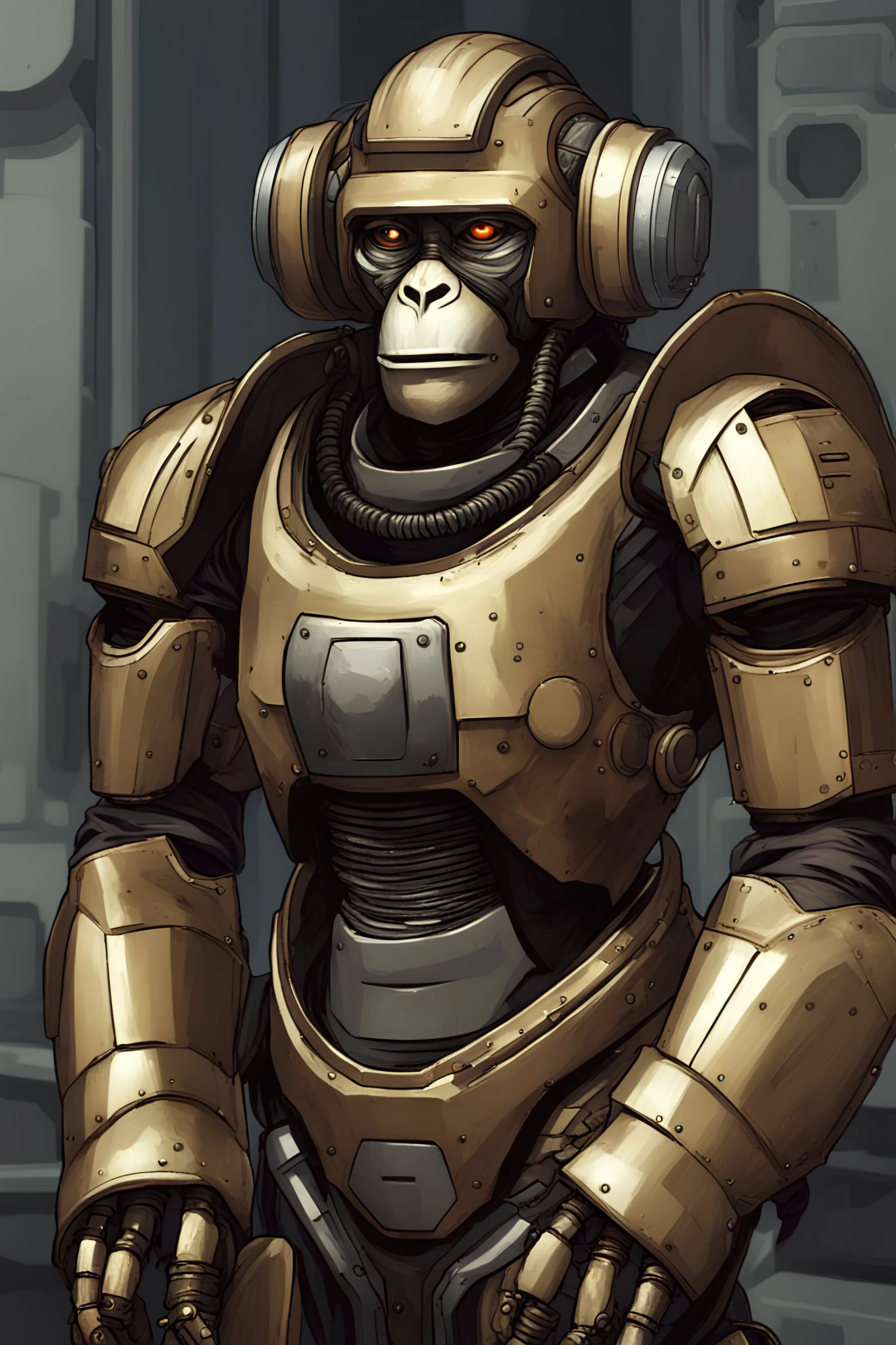 large robot monkey in plate armor and t-slot helmet