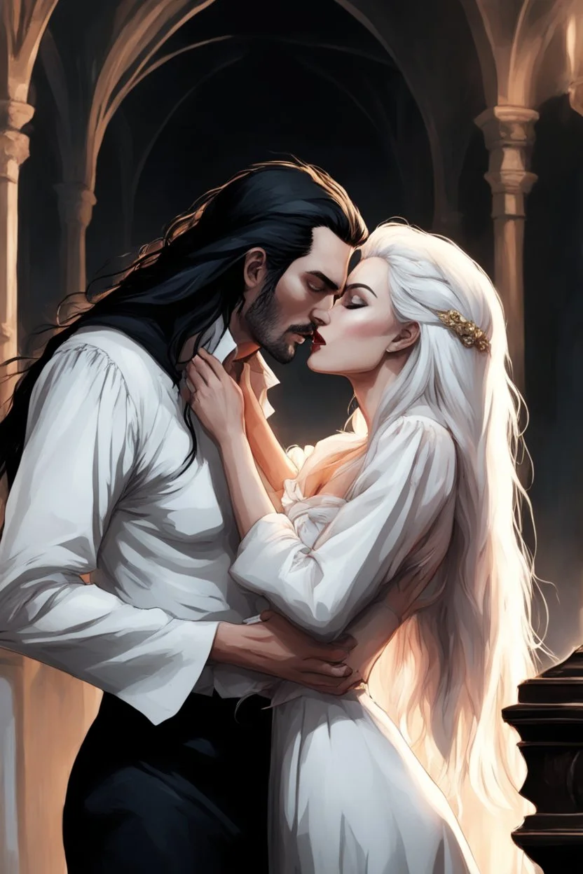 Strahd Von Zarovich being kissed by a beautiful woman with white hair, wearing an off the shoulder dress. Settling and background are a lavish toomb with an ebony coffin. Remove facial hair.