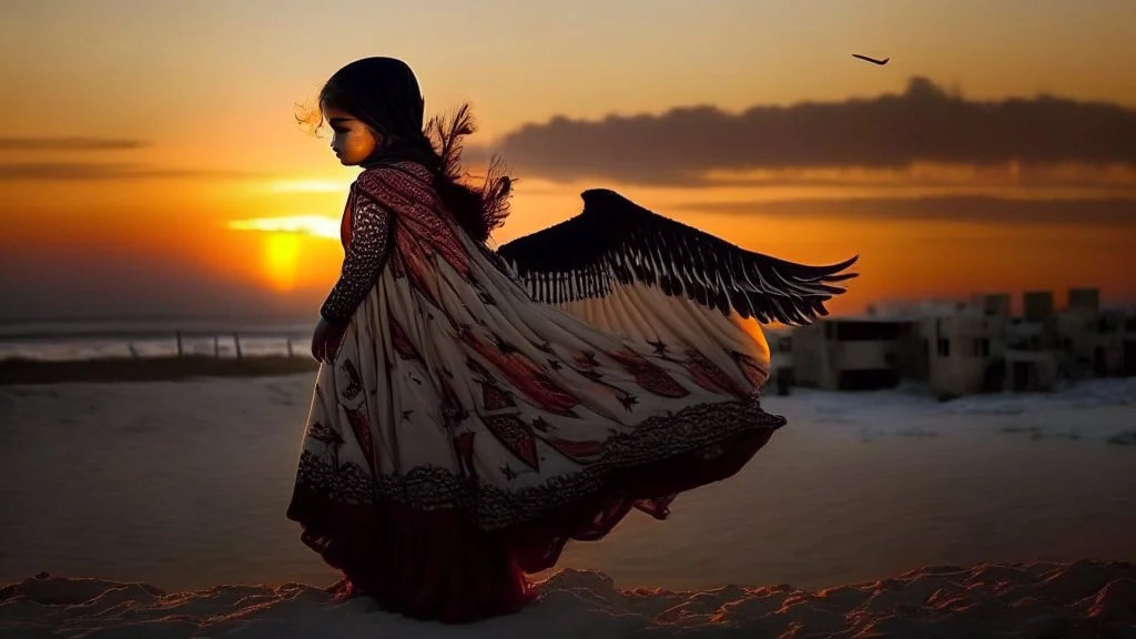 A Palestinian girl have tow wings wearing an palestinian dress in gaza during sunset in winter.