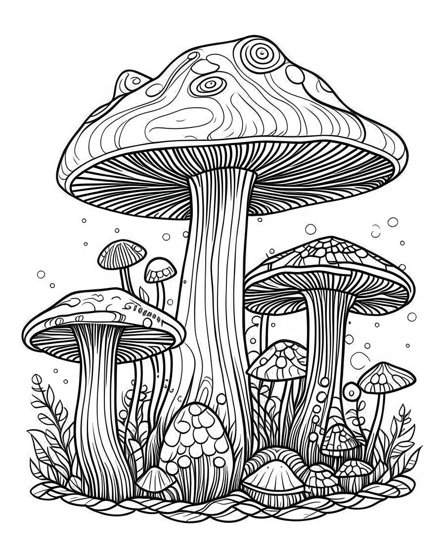 mushroom world minimalistic landscape. line art, background, vector, svg, coloring book page style, black outline on white background