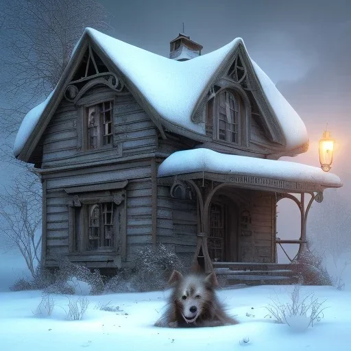 sad, abandoned, miserable dog tied outside of a house, winter, 8k resolution, high-quality, fine-detail, intricate, digital art, detailed matte, volumetric lighting, illustration, 3D octane render, brian froud, howard lyon, selina french, anna dittmann, annie stokes, lisa parker, greg rutowski