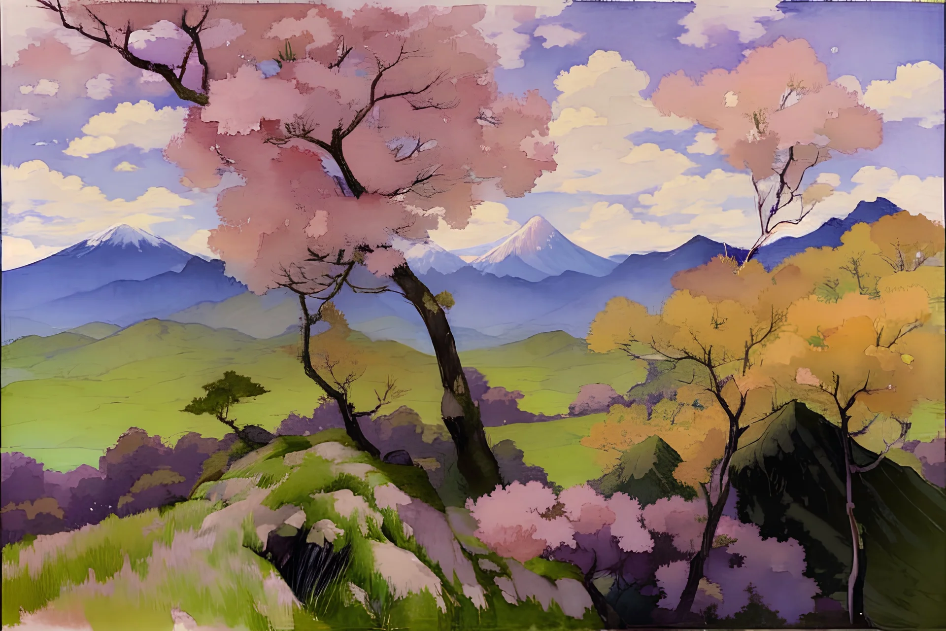 Trees, mountains, Japanese watercolor paintings