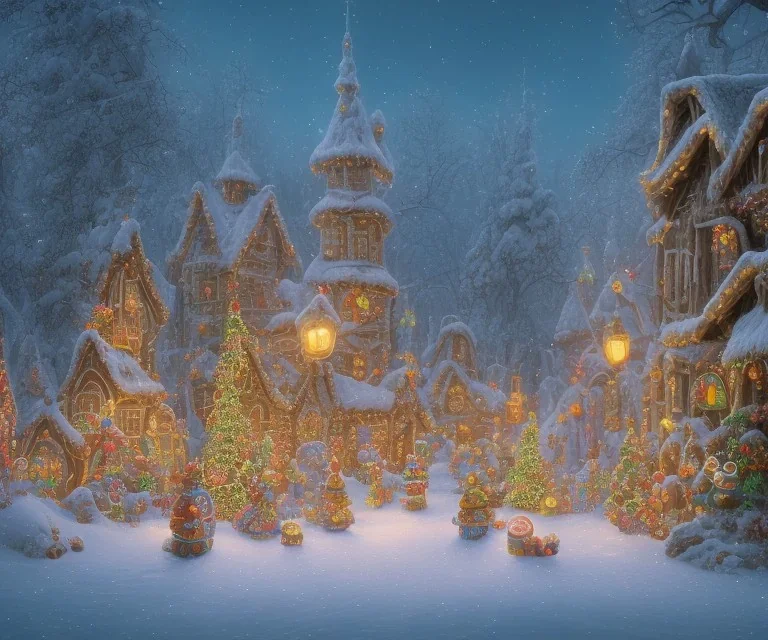 gingerbread candy village, colorful, fantasy, fairytale, intricate, forest, fireflies, flowers, halloween, christmas, hansel and gretel, bokeh, medium shot, visually stunning, depth of field 100mm ( cinematic scene, studio lighting, matte painting, concept art, trending on artstation, artgerm, cgsociety )