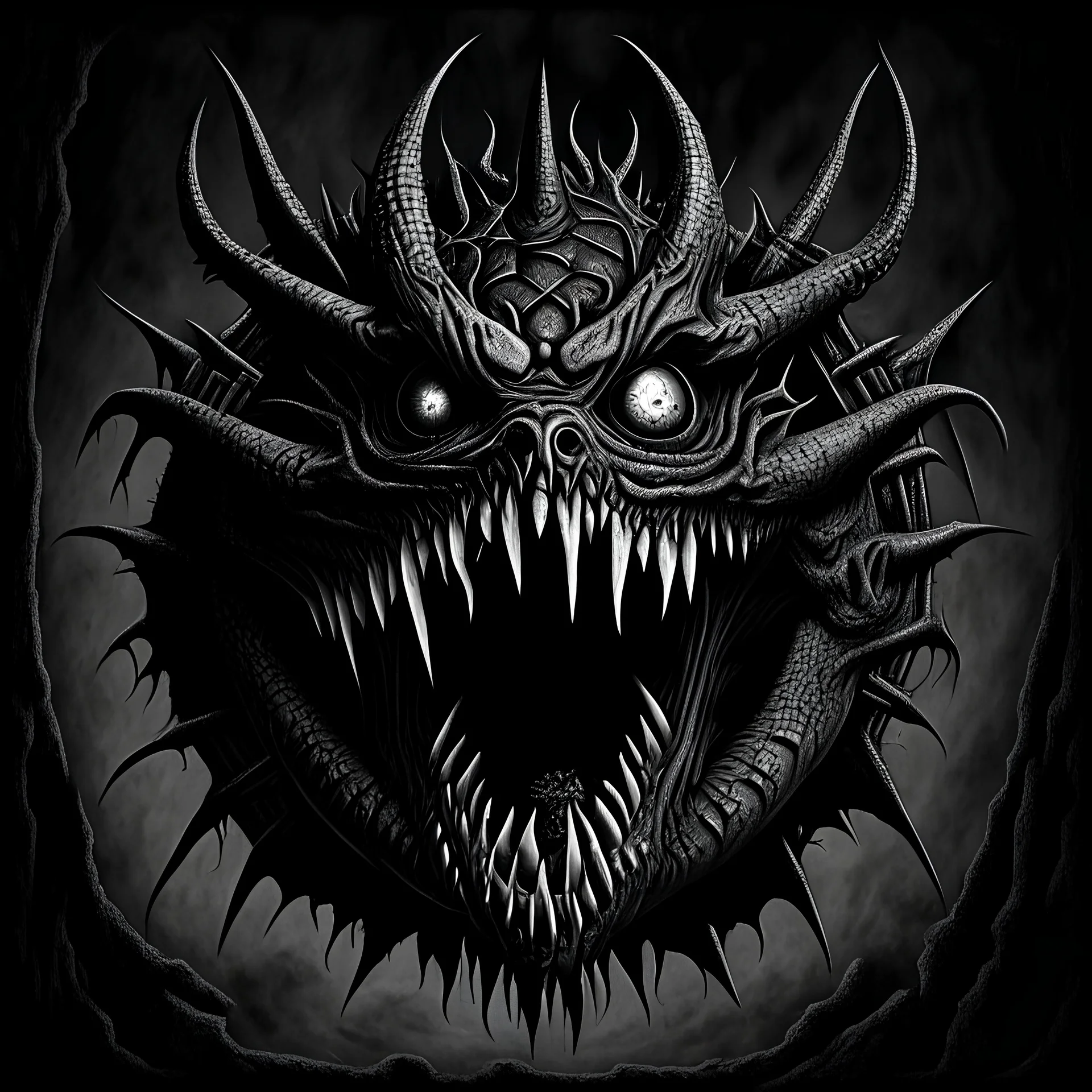 Create a monochromatic Black Metal album cover of a very detailed and demonic beholder from dungeons and dragons with a scary eye and lots of fangs and teeth