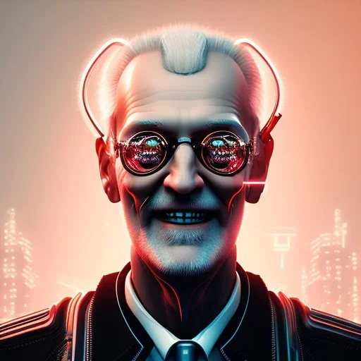 cyberpunk head portrait, old guy, happy face, smiling