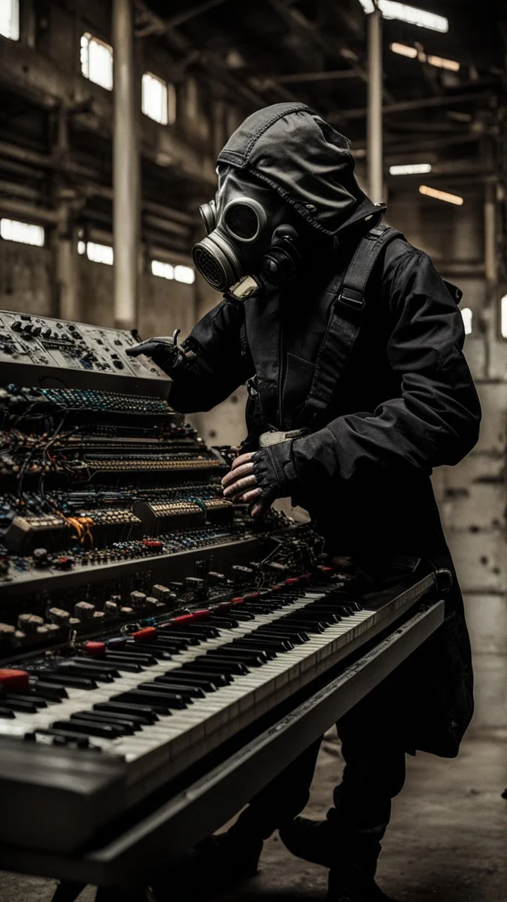 a person with a gas mask in an abandoned big massive factory, playing with a modular synth piano