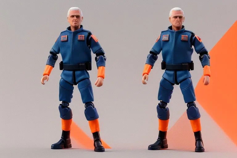 Box of Mike pence g.i. joe toy figure With a Laser gun space force Blue fabric uniform, fluorescent orange, black boots, full body packaging feet