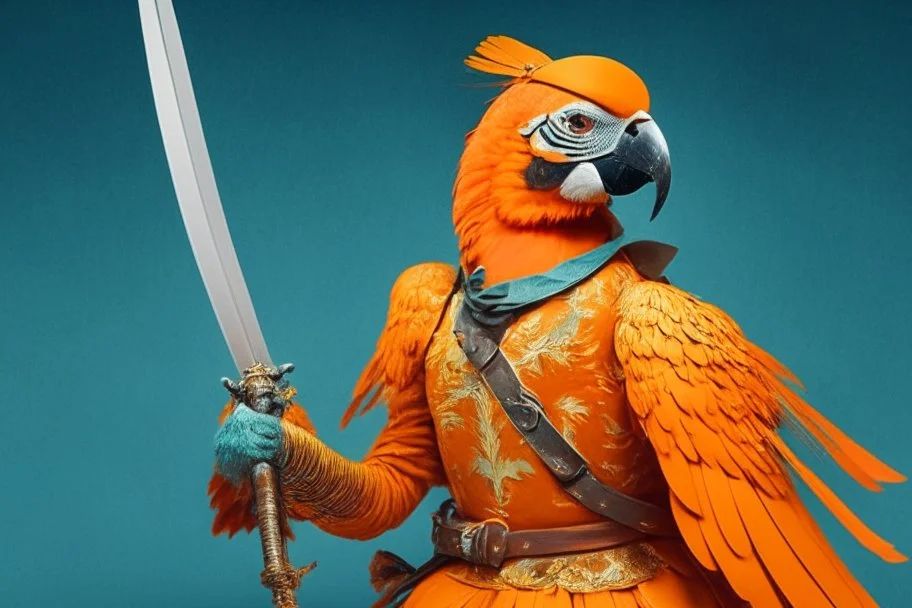 half parrot half human in a orange Dutch uniform with a katana having a sword fight