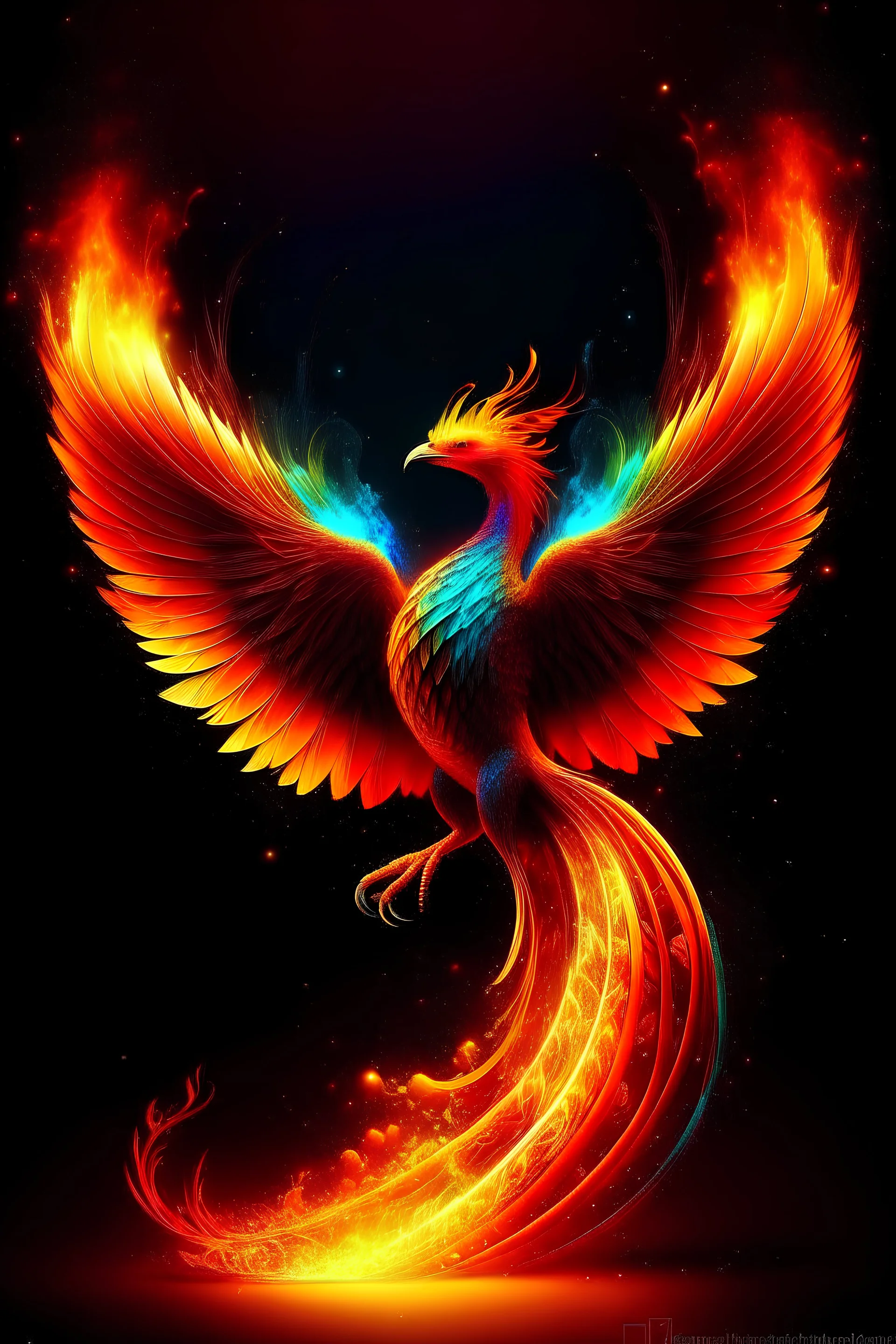 A majestic phoenix reborn from digital ashes in a blaze of holographic flames